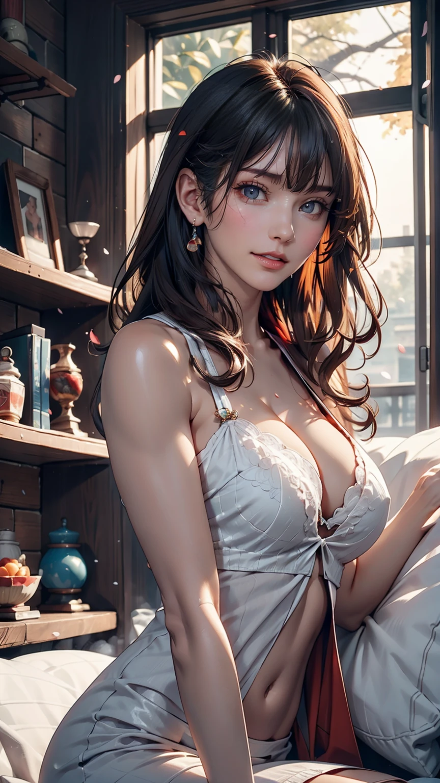 A girl walking along the river, Mix 4, sweater, pillow, lips, Open_mouth, Realistic, photograph_(Moderate), alone, Packed_animal, Packed_toy, Teddy_bear,(masterpiece),(photographRealistic:1.3), Super detailed, (Skin with attention to detail:1.2),(Highest quality:1.0), (Ultra-high resolution:1.0), (Urzan-6500:0.3), Wavy fine hair, Long Hair, sunlight, (Beautiful and detailed makeup), (Sexually excited、Blushing、breathing becomes rough:1.0), Flower Theme Petals Scattered, (Flowers with a soft glow:0.5)、Sexy proportions、Sexy body type、mature female body、Narrow waist、Long eyelashes、Tighten your armpits to accentuate your bust