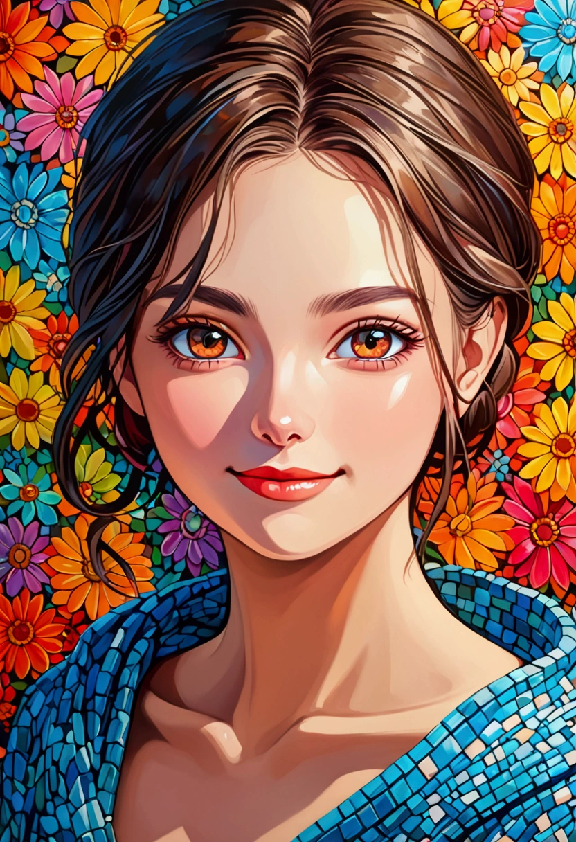 a scratch oil painting of beautiful girl with perfect face, (scratch:0.6) smile, vivid color, mozaic style, perfect mix color, super detailed, best quality wallpaper, 8k, absurdity, expressive realism, perfect lightness