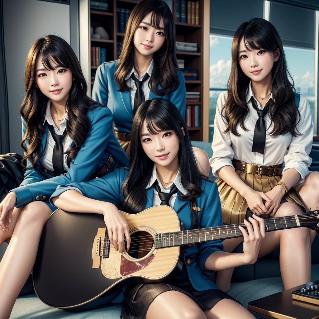 (best quality, masterpiece:1.5), (ultra-detailed, realistic:1.37),4K,(4woman:1.5),korean,cute,beautiful,(Air hostess:1.3),stewardess,(miniskirt),(black pantyhose:1.2),(gold hair),smile,playing guitar,rock band,drum set