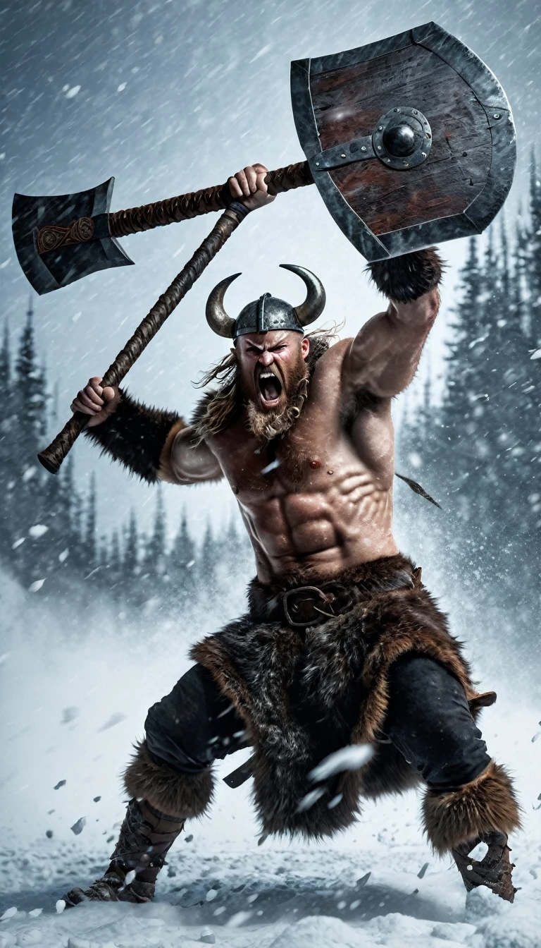 A Viking berserker charging through a blizzard, wielding a massive axe.
hyper realistic