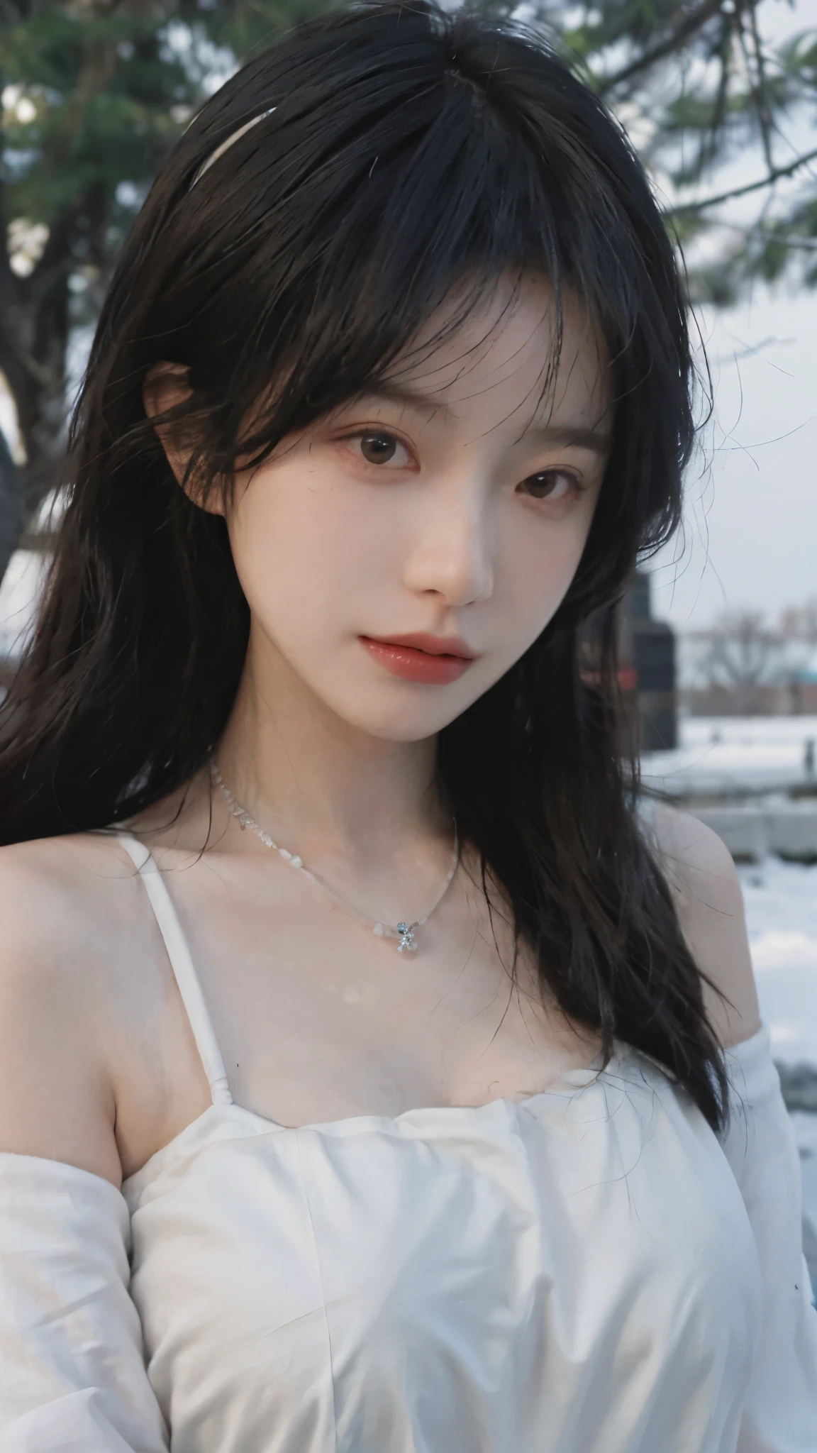 Portrait photography,1 girl,Snow Scene,Snowing background,Flowers,White JK,Bare shoulders,Lipstick,(Big Breasts:1.6),Shoulder-Length Wavy Hair,Wear a necklace,Headband,serene,calm,(Realistic and detailed eyes,Natural skin texture,Realistic facial details),
