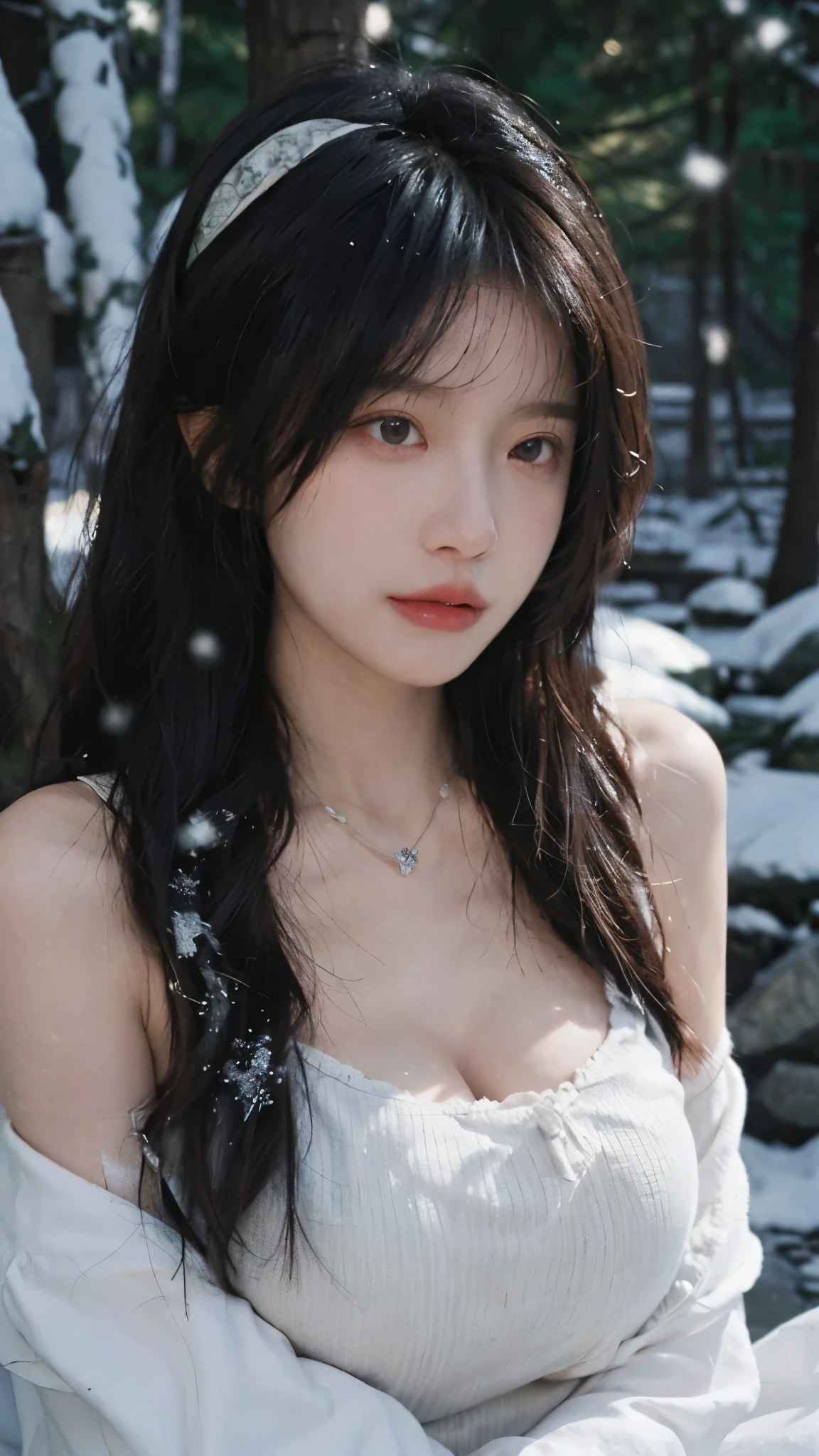 Portrait photography,1 girl,Snow Scene,Snowing background,Flowers,White,JK,Bare shoulders,whole body:1.4,Lipstick,(Big Breasts:1.6),Shoulder-Length Wavy Hair,Wear a necklace,Headband,serene,calm,(Realistic and detailed eyes,Natural skin texture,Realistic facial details),
