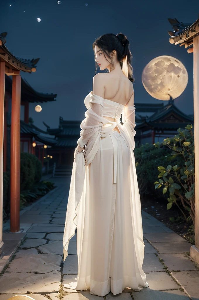 (((best quality))),(((ultra detailed))),(((masterpiece))),illustration,((1 beautiful girl,solo)),(short ponytail:1.2),((bright eyes,gentle smile)),((slim,thin)),((strapless,shoulder off,bare back,towering hips,butt crack)),(white see through sheer Hanfu:1.3),flowing fabric,serene demeanor,vibrant plants and trees,(Chinese-style architecture:1.3),tile roofs,intricate wooden carvings,rich and vivid colors,(serene glow of the moon:1.5),(((colorful clouds))),traditional Chinese garment,(((summer night,village courtyard))),((standing)),(from back:1.3),(upper body:1.3)
