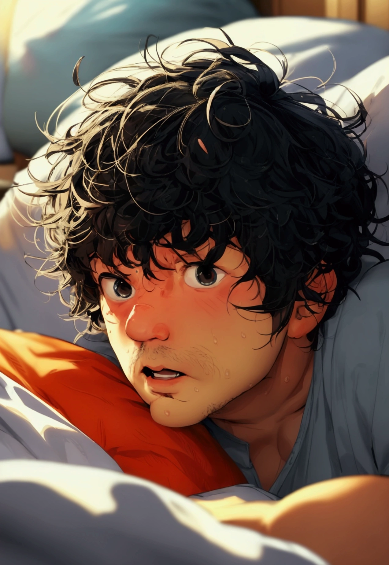 It's a close-up shot of a fat man with unkempt hair, a surprised expression on his face, his face covered in sweat, sitting on a bed surrounded by messy sheets and scattered pillows. Comic style