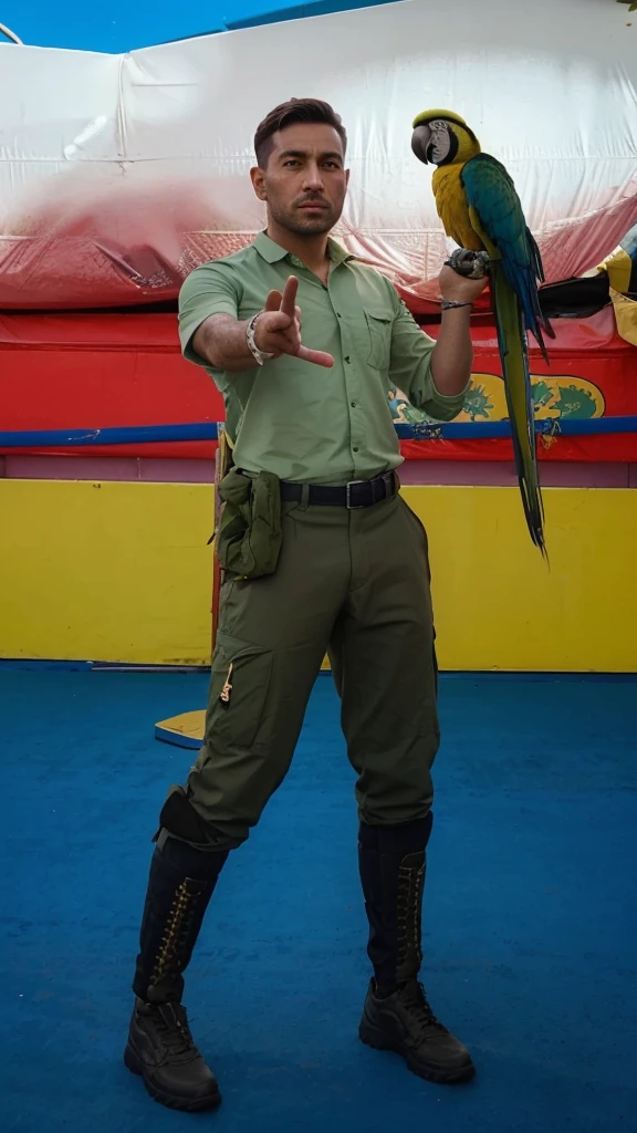 30 years old male wearing sage shirt, and green army tactical trousers holding blue and gold macaw on his hand