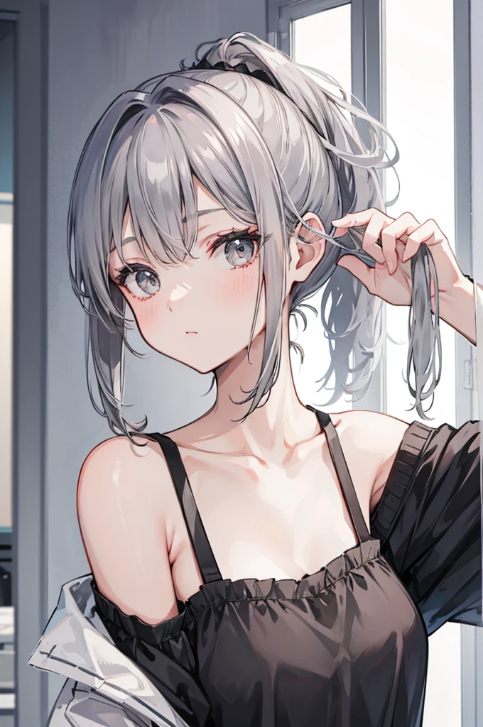 Short gray hair,Wearing a ponytail,Two strands of hair curtain,There's a whistle on his chest.,Girl with nice figure,cute,Wearing black lining,Red sportswear,Badminton racket in hand,A girl who is not very tall,In the gymnasium,Red eyes,Female teacher,Serious expression,