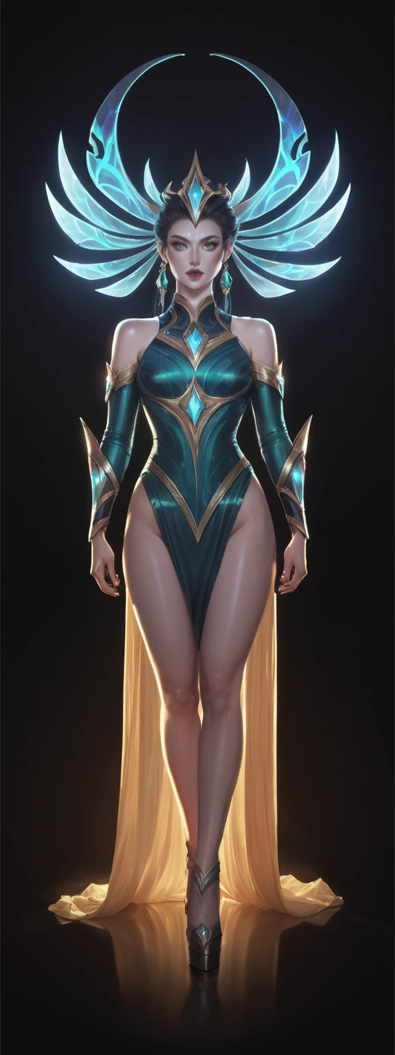 realistic, score_9, score_8_up, score_7_up, score_6_up, 
1girl, solo, from front, full body, Kalista \(league of legends\),  black background, makeup, sidelighting, backlighting, glowing,