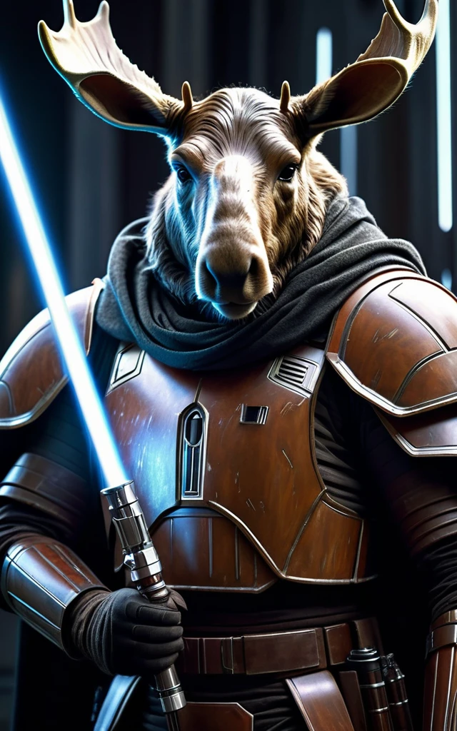 cinematic star wars, moose humanoid jedi knight, extremely detailed face and features, , intricate armor, glowing lightsaber, dramatic lighting, epic fantasy, muted color palette, cinematic composition, hyper realistic, 8k, high quality, masterpiece