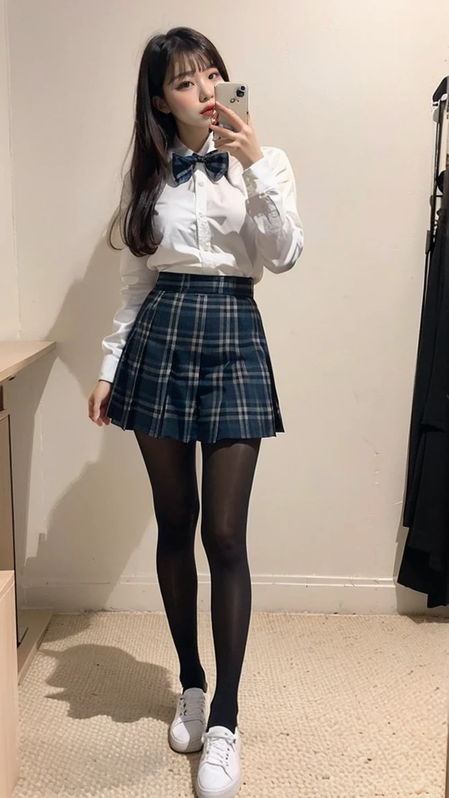(((8K、High resolution、Highest quality、High resolution)))alone、Natural body shape、White skin、Natural Makeup、((Black Hair、bangs、Straight Long Hair))、((()))、、(:1.4)、(())、(((((Full body photo)))))、(((Looking into the camera)))、(((Wear a uniform on the upper body)))、Bedroom、(((Of high school))) 、((white collared long sleeve blouse))、((Beige cardigan))、((Pleated skirt with dark blue plaid pattern、mini skirt、Ultra-realistic pantyhose))、、、Expressionless、((Exposing thighs))