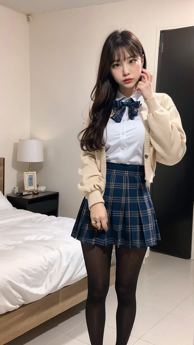 (((8K、High resolution、Highest quality、High resolution)))alone、Natural body shape、White skin、Natural Makeup、((Black Hair、bangs、Straight Long Hair))、((()))、、(:1.4)、(())、(((((Full body photo)))))、(((Looking into the camera)))、(((Wear a uniform on the upper body)))、Bedroom、(((Of high school))) 、((white collared long sleeve blouse))、((Beige cardigan))、((Pleated skirt with dark blue plaid pattern、mini skirt、Ultra-realistic pantyhose))、、、Expressionless、((Exposing thighs))