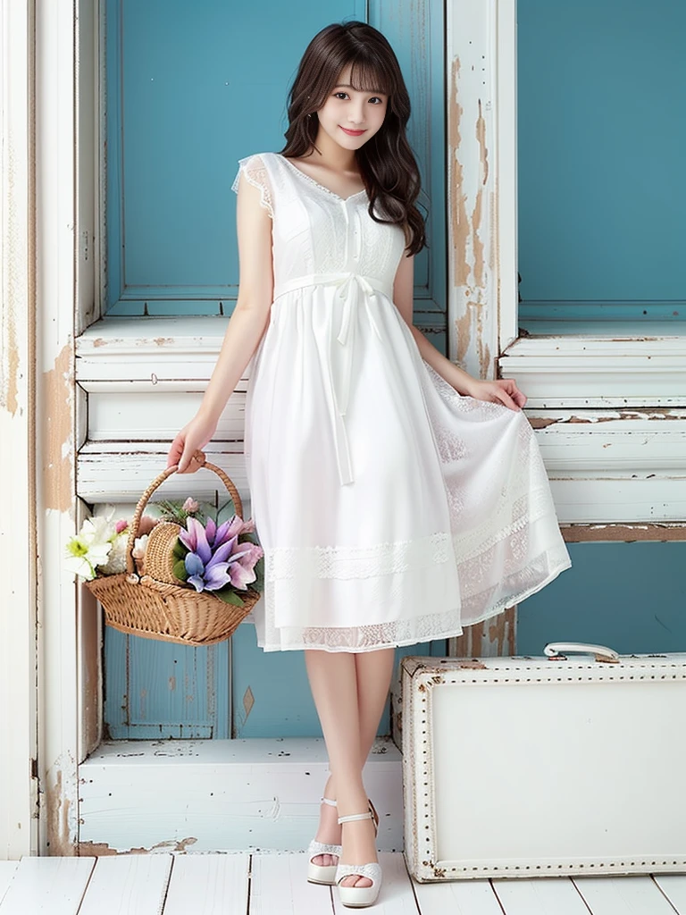 Photo-realistic quality、 A 20-year-old Japanese idol wearing a sheer white dress, White lace clothing, romantic dress, pretty white dress,  White lace dress, wearing a cute white dress, elegant white dress,   Nice and cute, Emphasize cleavage、White sundress、looking at the camera、Detailed and beautiful eyes、Cute smile、Relaxed and soft expression