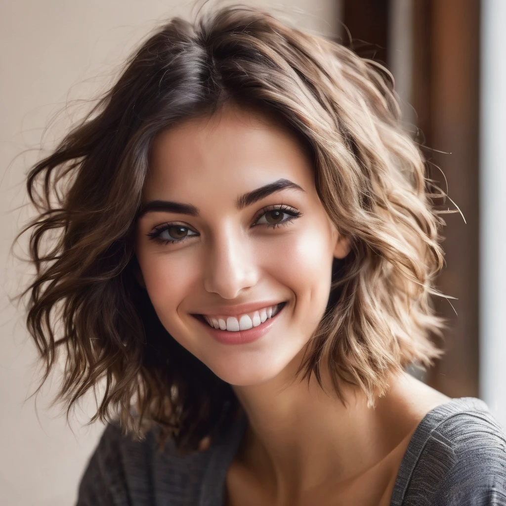 Italian girl 25 years old, short scattered hair, light brown hair, seductive and sexy short clothes, amazing smile, real image, high quality resolution, clear body details 