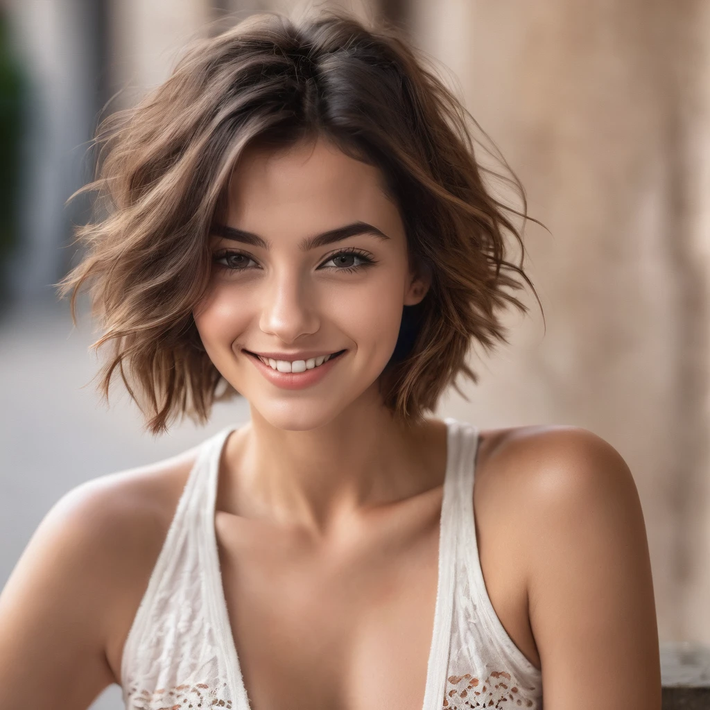 Italian girl 25 years old, short scattered hair, light brown hair, seductive and sexy short clothes, amazing smile, real image, high quality resolution, clear body details