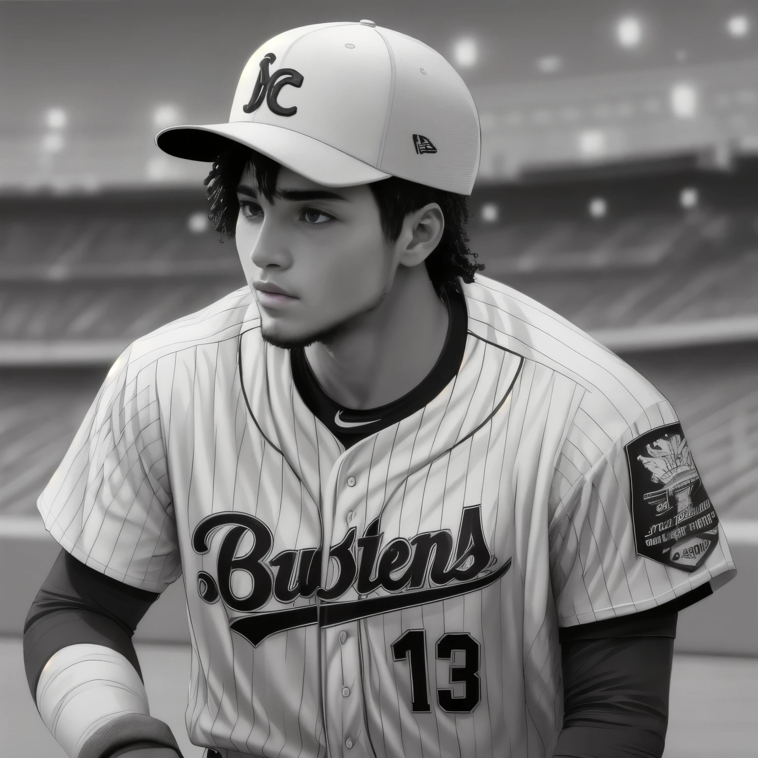 Baseball Player, wearing a jersey and cap, during the game, line art drawing, rough sketch, bold lines,