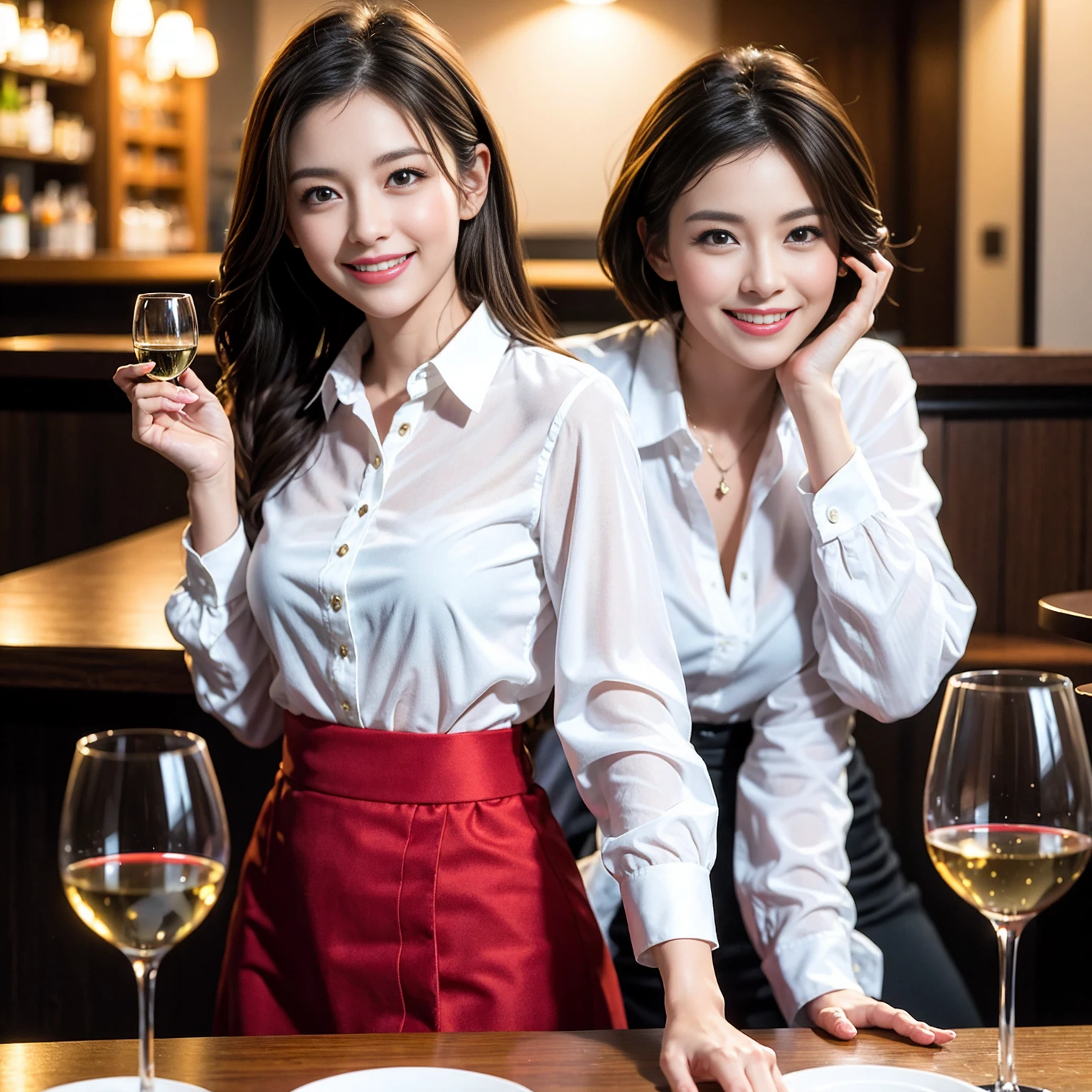 （Realistic:1.2）,(masterpiece,Highest quality)，8k,((Two women)),Age 35,37 years old、Happy Couple、Wine 、wine glass、White wine、sparkling wine、red wine、The best smile、Upper Body、Tight waist,Perfect Anatomy, Brown Hair, short hair,Random Hairstyles,Amazing view of the sunset sky and clouds、Long sleeve shirt、dress,((Highly detailed face and eyes:1.2))(Cute Face:1.4)，Beautiful actress face，Perfect golden ratio face，woman&#39;suit、Nice,(smile:1.2)、
