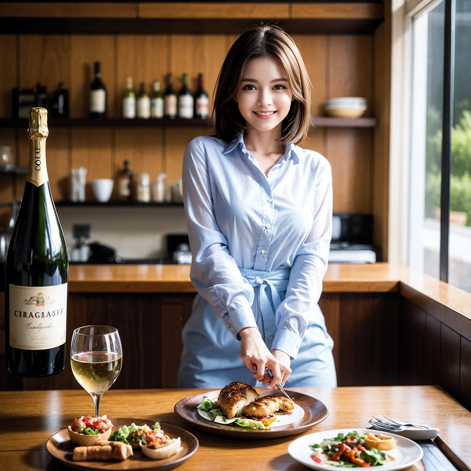((Highest quality、8K、masterpiece:1.3))、Shortcuts、cute、slimカップル、modelカップル、actress男優、(Realistic, Intricate details:1.2), full-course dinner、Wine Party、Amazing view of the sunset sky and clouds、A bright smile、short hair,Bright Face、 (Age 45), 42 years old, red wine 、Appetizers、Italian food、Wine bottle、Champagne、sparkling wine、Two beauties、Brown Hair、Shortcuts、Long sleeve shirt、dress、Beautiful woman 1, (slimな顔), (The body is slim), (Brown Hair), (Shortcuts), cheeks turn a little red,Attractive beauty、restaurant, In a prominent place (From the waist up) Nova Frog Style, actress, model, Upper Body, White wine, slim, wine glass, 中央に置かれたwine glass, smile, (smile: 1.15), Beautiful fine grain, Depth f/2,saturation, High Contrast, Strong light and shadow,Moist Body:1.5、3D texture、Delicate eyes、Brown Hair、The hair is very shiny、