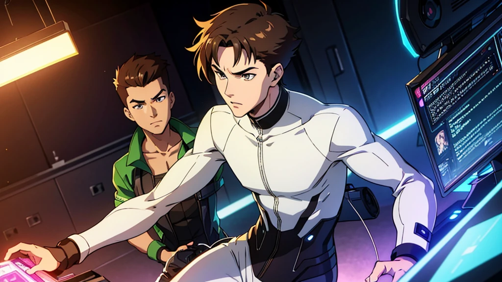 A young white man with stunning greenish-brown eyes, a slender, well-defined body, short brown hair on the sides, anime style, anime aesthetic, ultra HD, high resolution, playing video games, intense focus, gaming setup, neon lights, volumetric lighting, hyper-detailed, cinematic, dramatic lighting, vibrant colors