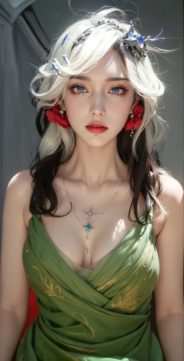 Female((30year old)), hair((straight, silver)), eyes((smart eyes, green eyes contact)), clothes(brocade, long dress, floral pattern, white)), accessories ((diamond necklace)), big boobs, gigantic breast, korean make-up look, smile expression, pregnant, hall, ballroom,