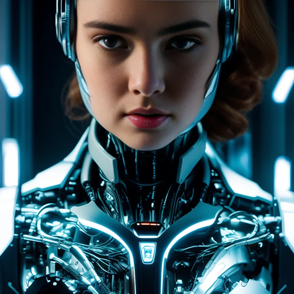 a woman with a futuristic headpiece and headphones, beutiful white girl cyborg, beutiful girl cyborg, cyborg - girl, cyborg girl, cute cyborg girl, portrait beautiful sci - fi girl, beautiful cyborg girl, young lady cyborg, perfect android girl, cyborg woman, elle fanning as an android, beautiful cyberpunk girl face, perfect cyborg female