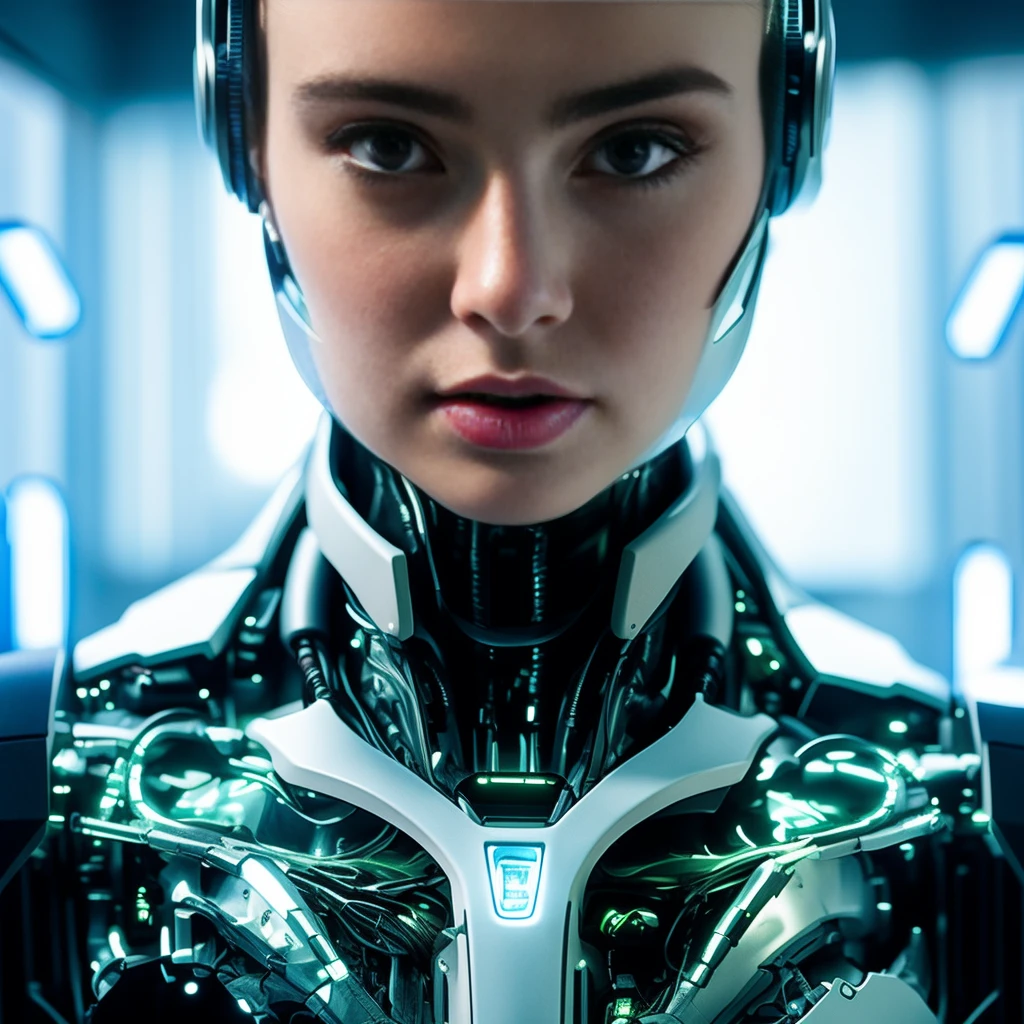 a woman with a futuristic headpiece and headphones, beutiful white girl cyborg, beutiful girl cyborg, cyborg - girl, cyborg girl, cute cyborg girl, portrait beautiful sci - fi girl, beautiful cyborg girl, young lady cyborg, perfect android girl, cyborg woman, elle fanning as an android, beautiful cyberpunk girl face, perfect cyborg female
