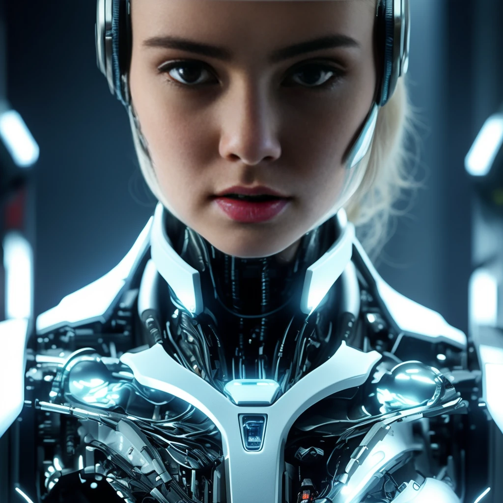 a woman with a futuristic headpiece and headphones, beutiful white girl cyborg, beutiful girl cyborg, cyborg - girl, cyborg girl, cute cyborg girl, portrait beautiful sci - fi girl, beautiful cyborg girl, young lady cyborg, perfect android girl, cyborg woman, elle fanning as an android, beautiful cyberpunk girl face, perfect cyborg female
