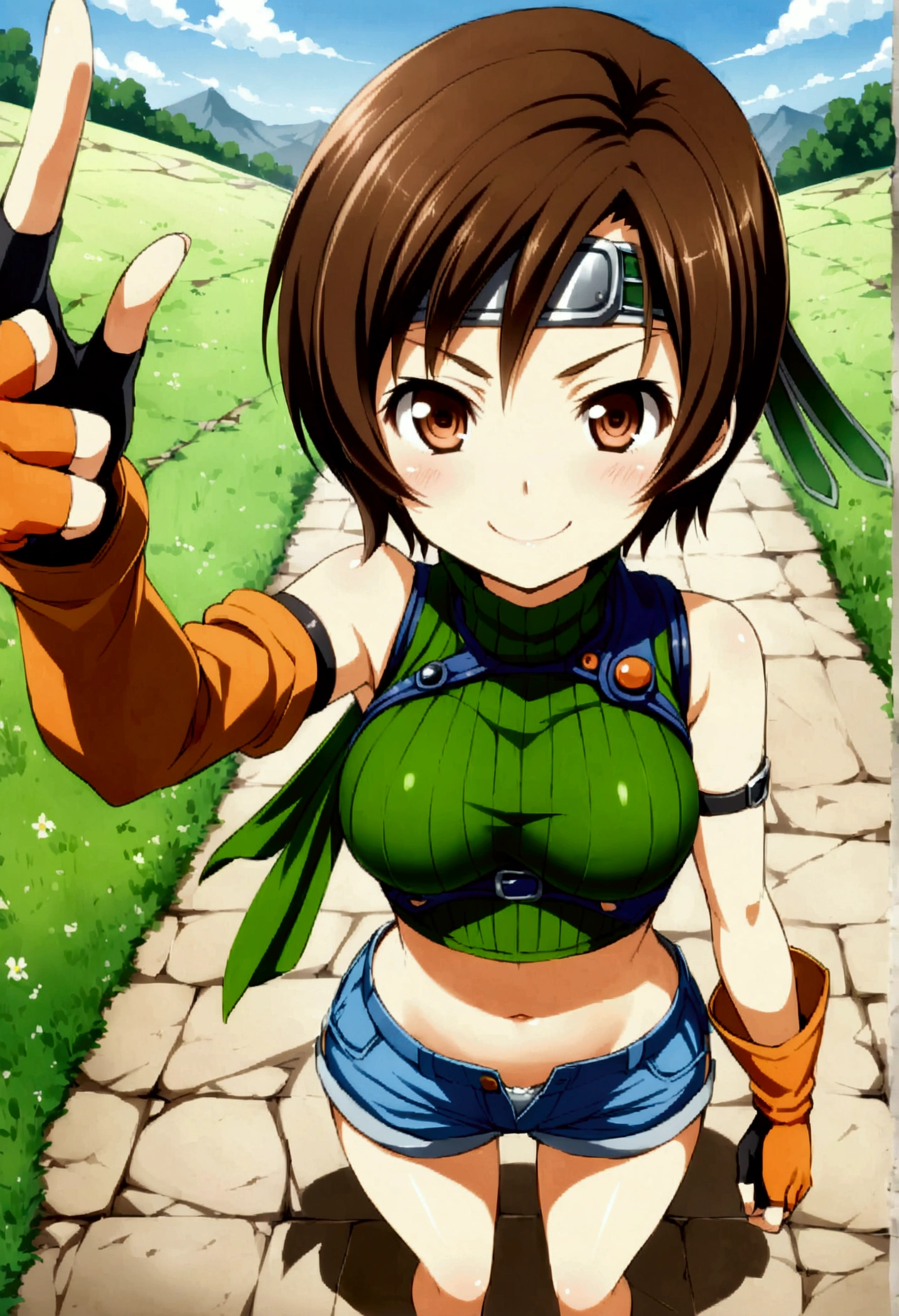 score_9, score_8_up, score_7_up,,BREAK ,source_anime ,from above,front view,front angle,,standing,contrapost,upperbody,,straight-on,Solo,1girl, yuffie kisaragi, final fantasy,,short hair,headband,navel,sleeveless,turtleneck,brown eyes,sleeveless turtleneck,solo,breasts,looking at viewer,smile,gloves,crop top,brown hair,shorts,midriff,sweater,open fly,fingerless gloves,ribbed sweater,medium breasts,,beautiful waist ,smug,smile,selfie,,daytime,outdoor,ultra detailed,best quality,aesthetic,very aesthetic,cell anime,anime style,(mid:1.3)