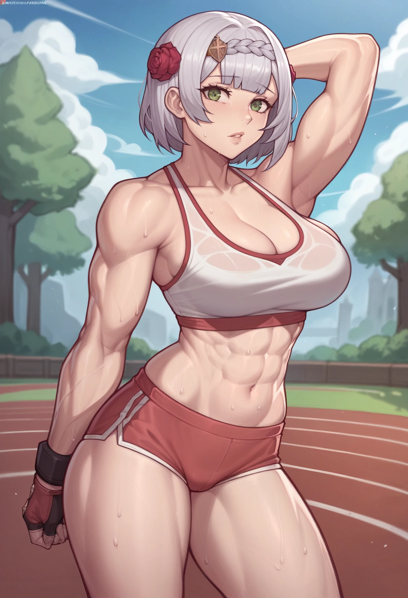 _asura style, noelle (genshin impact), 1girl, solo, muscular, sport woman, cleavage, looking at viewer, large breasts
