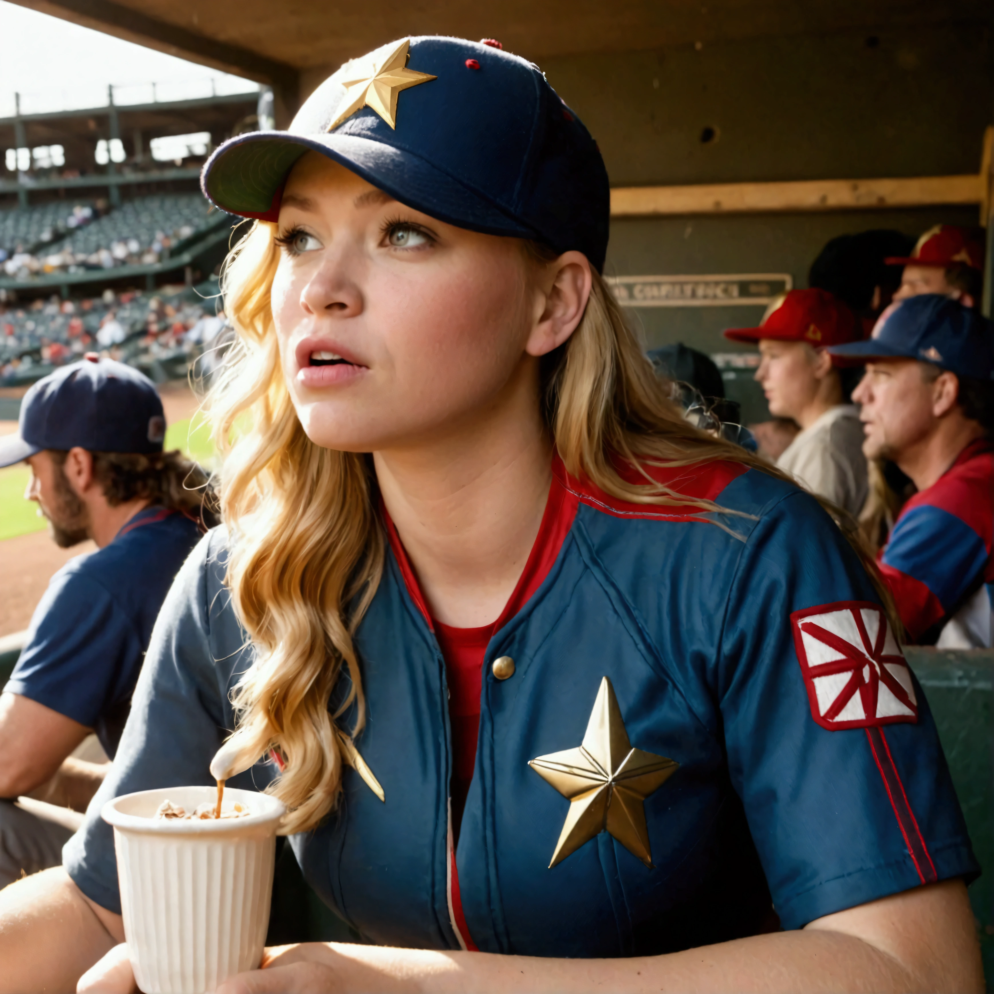 (Brea Larson, age 25, Captain Marvel, baseball cap, chewing tobacco) she is sitting in the baseball dug out spitting into a cup, crowded dugout, baseball game