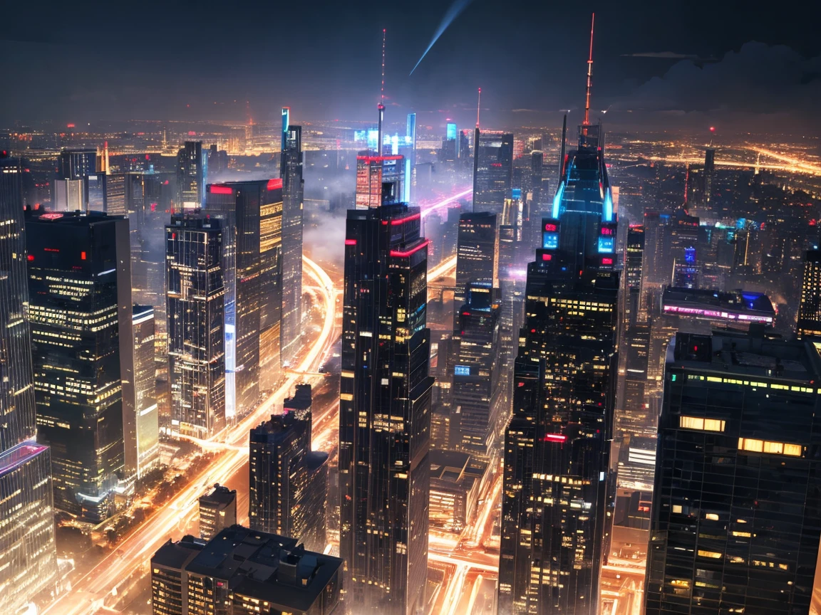 View from the airship cabin, Night view of skyscrapers, (Ultra-high resolution,8K),Fantasy, The world of picture books, (Highest quality), Super detailed, Outstanding Image, (Photorealistic), The fog rolls in