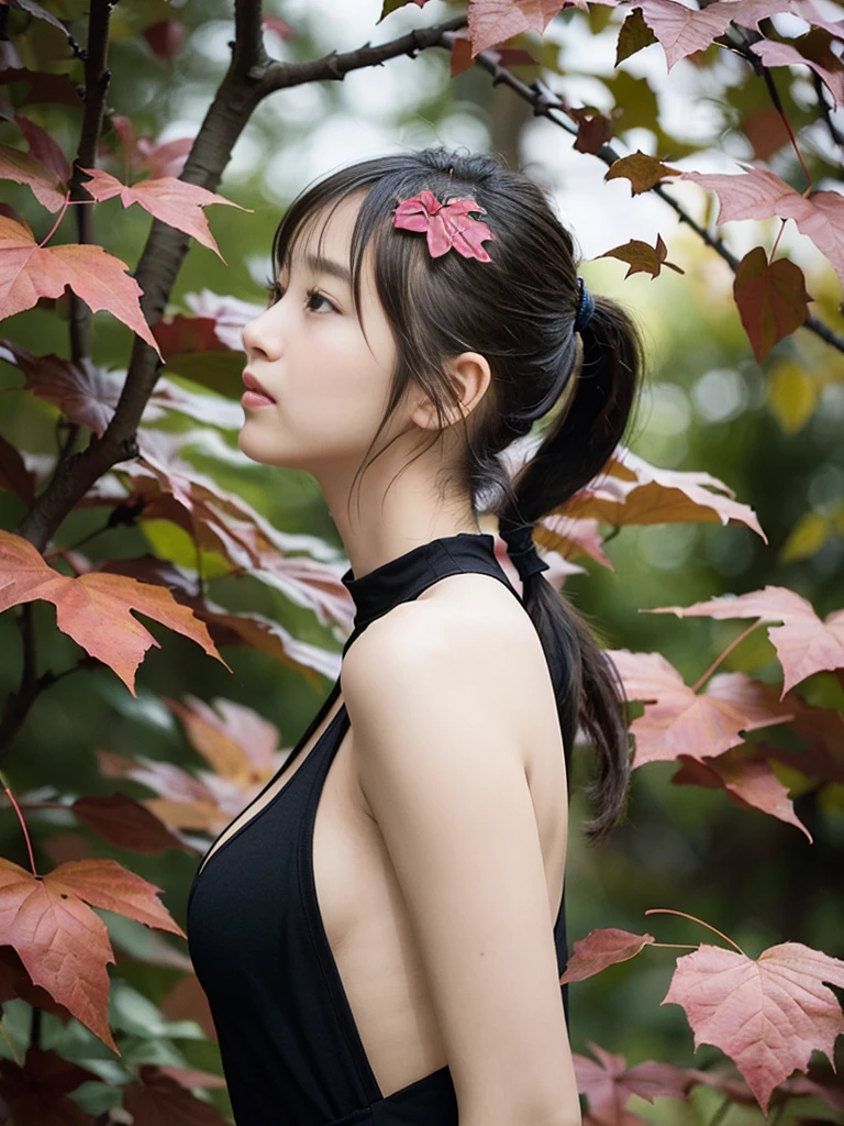 (Elevated close-up portrait from behind of a girl with a slim figure, small breasts and pigtails:1.5)、(Low angle shot:1.5)、(Beautiful autumn leaves background :1.3)、(Twilight Time:1.5)、(Perfect Anatomy:1.3)、(No mask:1.3)、(Full Finger:1.3)、Realistic、photograph、Tabletop、Highest quality、High quality, delicate and cute、Perfect Face、Beautiful attention to detail、Fair skin、Real human skin、pores、((Thin legs))、(Black Hair)