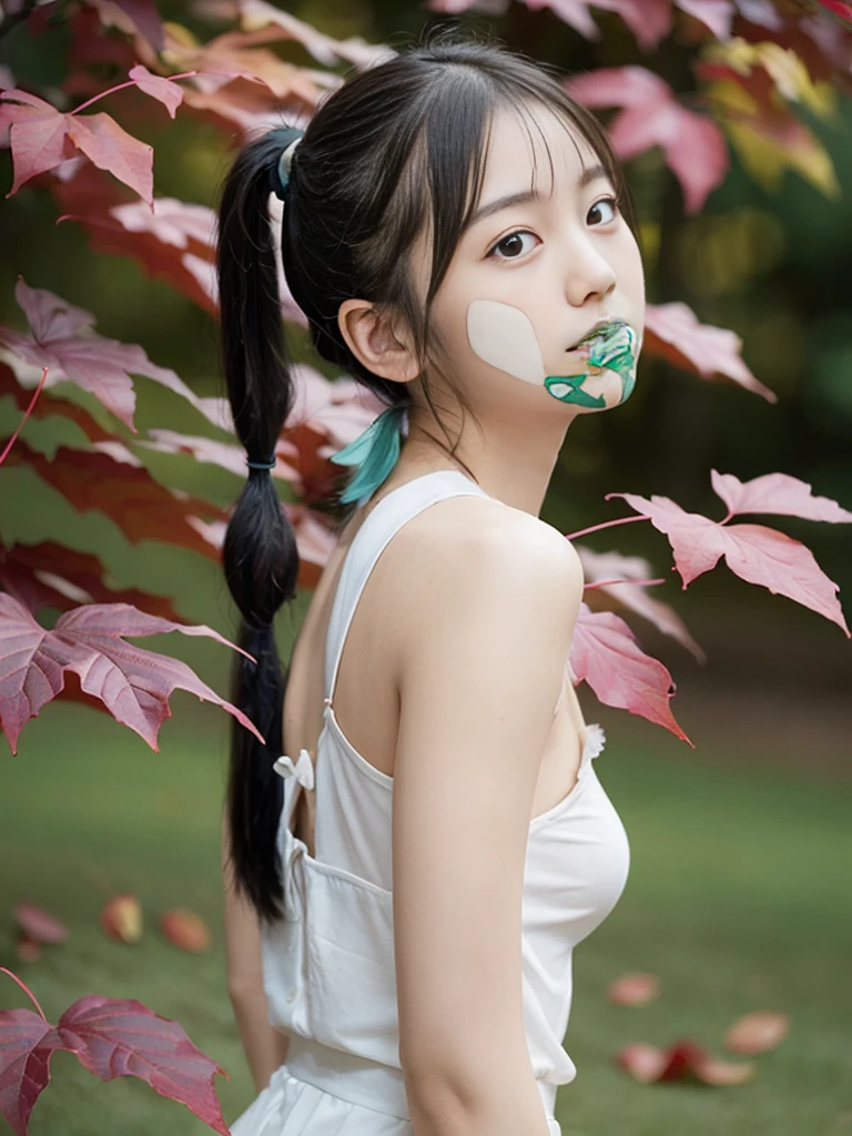 (Elevated close-up portrait from behind of a girl with a slim figure, small breasts and pigtails:1.5)、(Low angle shot:1.5)、(Beautiful autumn leaves background :1.3)、(Twilight Time:1.5)、(Perfect Anatomy:1.3)、(No mask:1.3)、(Full Finger:1.3)、Realistic、photograph、Tabletop、Highest quality、High quality, delicate and cute、Perfect Face、Beautiful attention to detail、Fair skin、Real human skin、pores、((Thin legs))、(Black Hair)