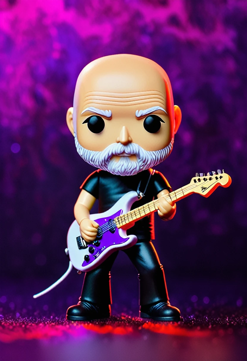 Bald David with white beard from Pink Floyd with The Black Strat Funko Pop with purple neon background, wearing all black.