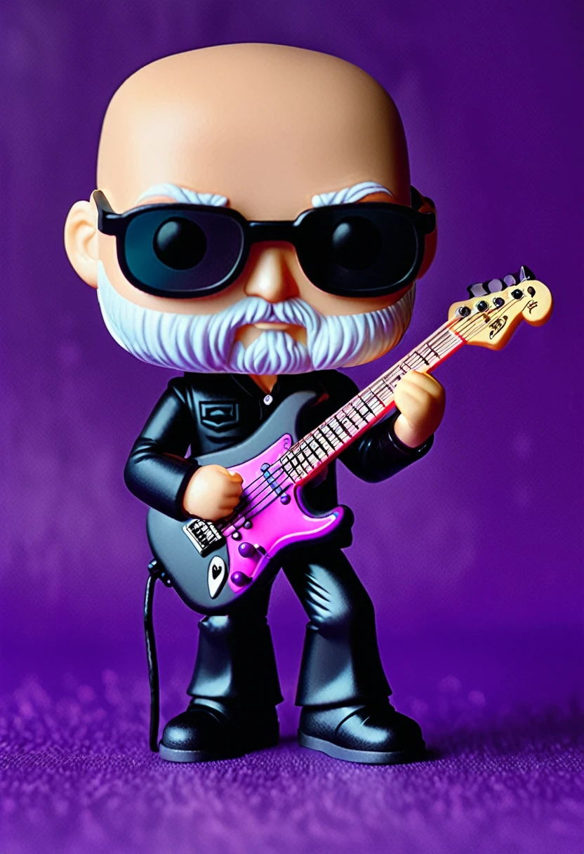 Bald David with white beard from Pink Floyd with The Black Strat Funko Pop with purple neon background, wearing all black.