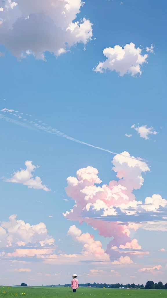 A little boy,Cover your ears with your hands,In an empty meadow,The sky is blue,Pink Clouds。Saraluki Style,Simplicity,Art,HD,high quality