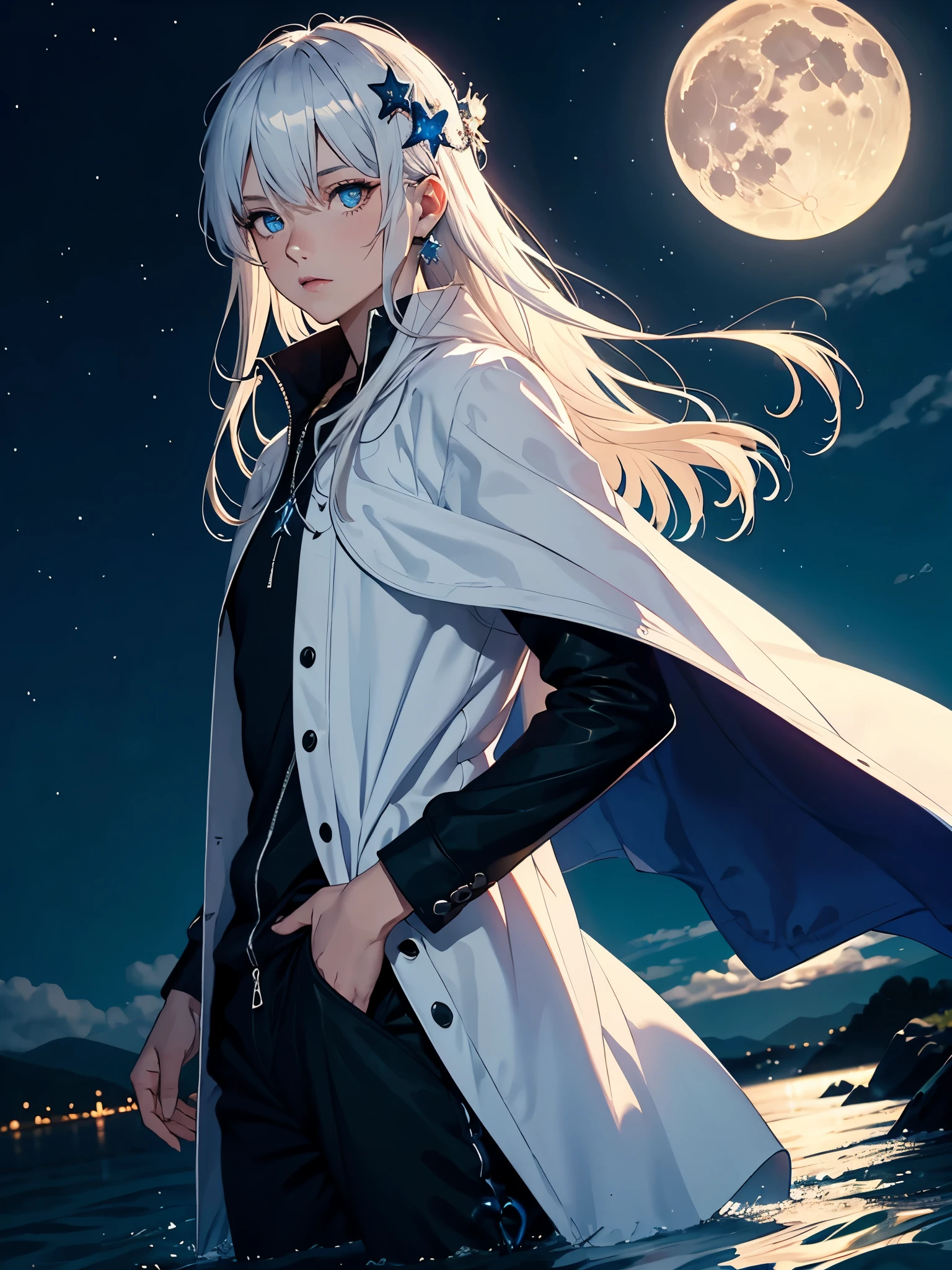 brightblaue jacke. Magik. Modern jacket. Long hair!! blue lights. Long hair. bright. bright. stars. Sehr Long hair. More anime. aquatic, boy, Goddess of the Moon, silver hair accessories, White hair, White dress, cape, at night, saturated colors, light eyes, bright, light blue light, blue eyes, Jewelry silver, bluish light, Full moon in the background, aquatic in the air pink candles