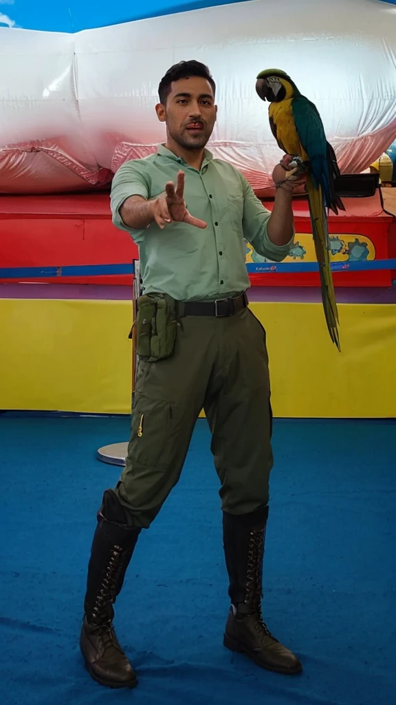 30 years old male wearing sage shirt, and green army tactical trousers holding blue and gold macaw on his hand, clear white background