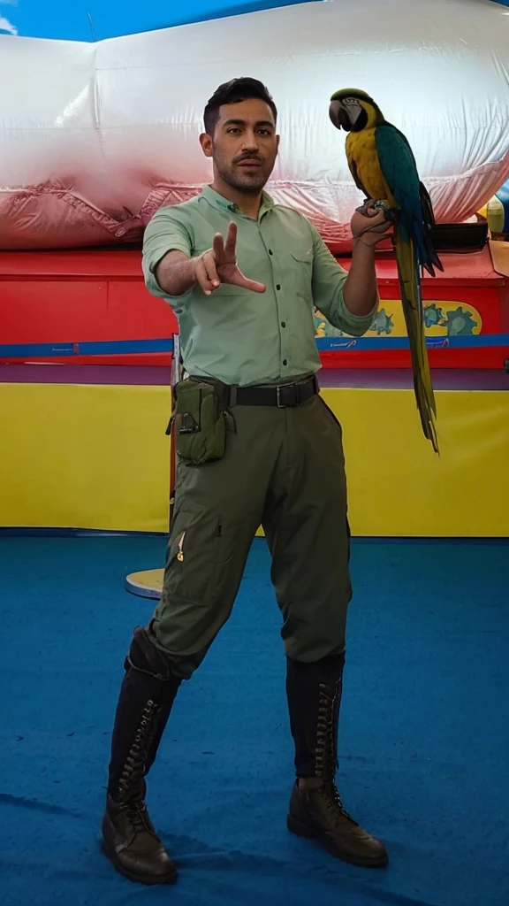30 years old male  wearing sage shirt, and green army tactical trousers holding blue and gold macaw on his hand, clear white background