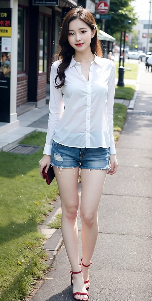 Wearing a white shirt, girl, (tight top:1.5),close your mouth and smile,legs long,Skinny super shorts,White skin of the,high high quality,4K, Face-to-face audience, 1 plump girl,hair tying up,at the street side,(Bring your legs together:1.5),with a round face, 32 inches in the chest, (sexy pose),(standing pose) ,(full body shot)、Chest 32 inches, ,Stand on the grass and take pictures