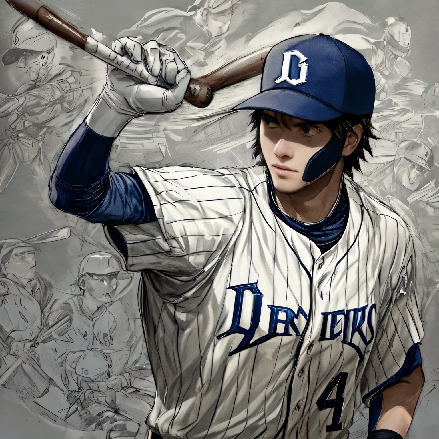 Baseball Player, wearing a jersey and cap, during the game, line art drawing, rough sketch, bold lines, 