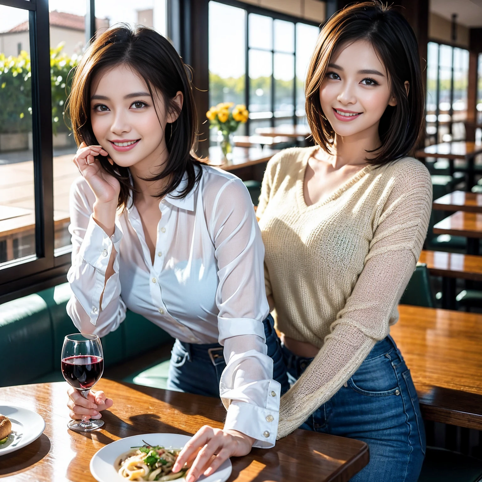 ((Highest quality、8K、masterpiece:1.3))、Shortcuts、cute、slimカップル、modelカップル、actress男優、(Realistic, Intricate details:1.2), full-course dinner、Wine Party、Amazing view of the sunset sky and clouds、A bright smile、short hair,Bright Face、 (Age 45), 42 years old, red wine 、Appetizers、Italian food、Wine bottle、Champagne、sparkling wine、Two beauties、Brown Hair、Shortcuts、Long sleeve shirt、dress、Beautiful woman 1, (slimな顔), (The body is slim), (Brown Hair), (Shortcuts), cheeks turn a little red,Attractive beauty、restaurant, In a prominent place (From the waist up) Nova Frog Style, actress, model, Upper Body, White wine, slim, wine glass, 中央に置かれたwine glass, smile, (smile: 1.15), Beautiful fine grain, Depth f/2,saturation, High Contrast, Strong light and shadow,Moist Body:1.5、3D texture、Delicate eyes、Brown Hair、The hair is very shiny、