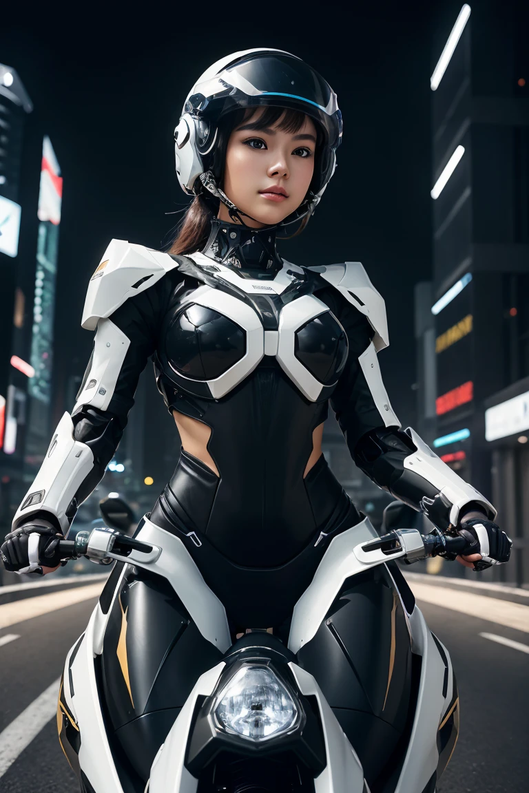 Highest image quality, outstanding details, ultra-high resolution, (fidelity: 1.4), the best illustration, favor details, highly condensed 1girl, with a delicate and beautiful face, dressed in black and white mecha, wearing a mecha helmet, holding a direction controller, riding on a motorcycle, the background is a high-tech lighting scene of the future city.