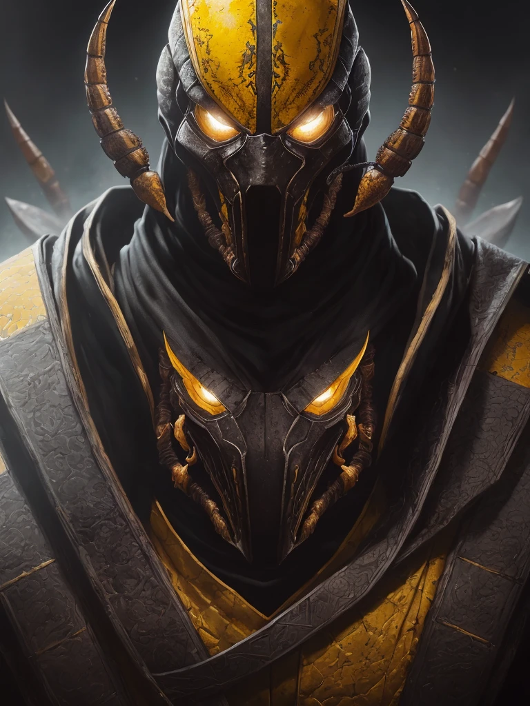 a portrait, scorpion from mortal kombat, detailed white eyes, bladk anc yellow armor, hood, veins on his arm, Intricate, High Detail, Sharp focus, dramatic, photorealistic painting art by greg rutkowski