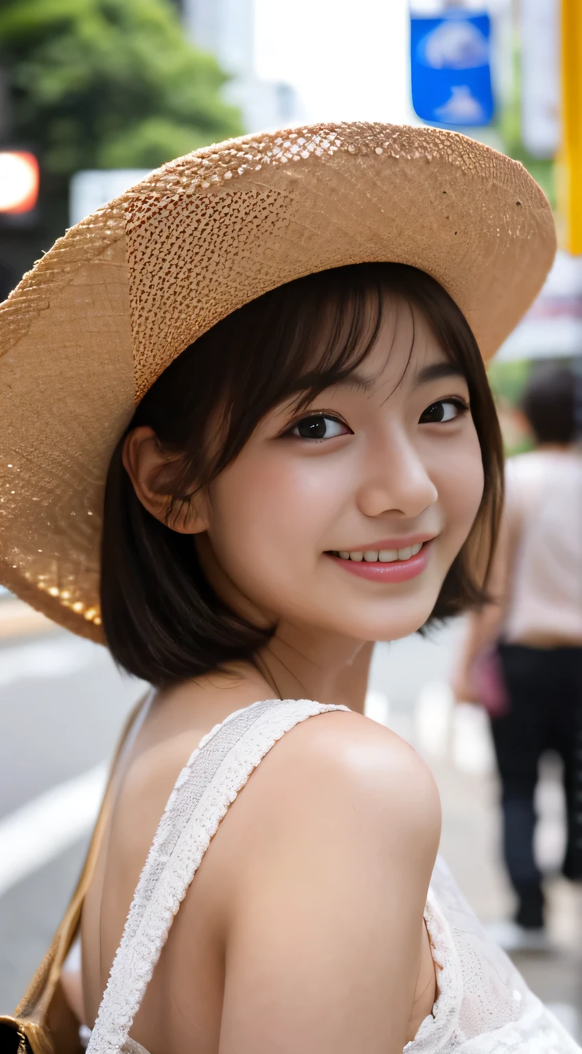 masterpiece,best quality,(Japanese ),((Beautiful girl)),cleavage,(perfect body beauty:1.2),(shy smile),beautiful teeth,(Blurred background of brick buildings),(hat),