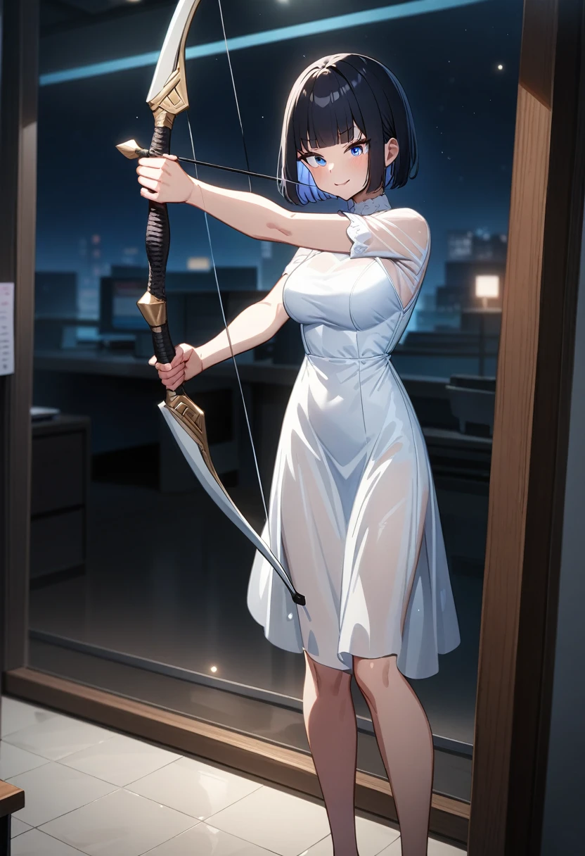 masterpiece, best quality, very aesthetic, absurdres, source anime, anime, super detailed, extreme detailed, general, 
1girl, standing, yumi \(weapon\), holding bow \(weapon\), drawing yumi, archery, Aiming with a bow at the target,
BREAK girl, 22yo, short hair, bob cut, (blunt bangs), black hair, (large breasts:0.9),
shiny hair, 
slender, small ass, slim legs, white long dress, (see through:1.1), angel smile, entire body is luminescent blue-white,
office, night, huge picture frame,