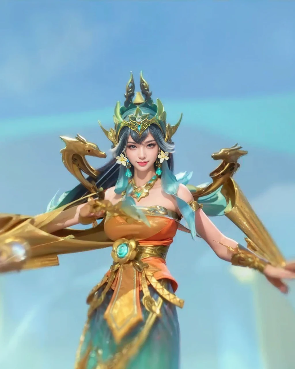 (8k, RAW photo, photorealistic:1.25) ,( lipgloss, eyelashes, gloss-face, glossy skin, best quality, ultra highres, depth of field, chromatic aberration, caustics, Broad lighting, natural shading, looking at viewer with a serene and goddess-like happiness, smile, 8k, very detailed, green eyes, close-up shot of a woman with a gun in her hand
