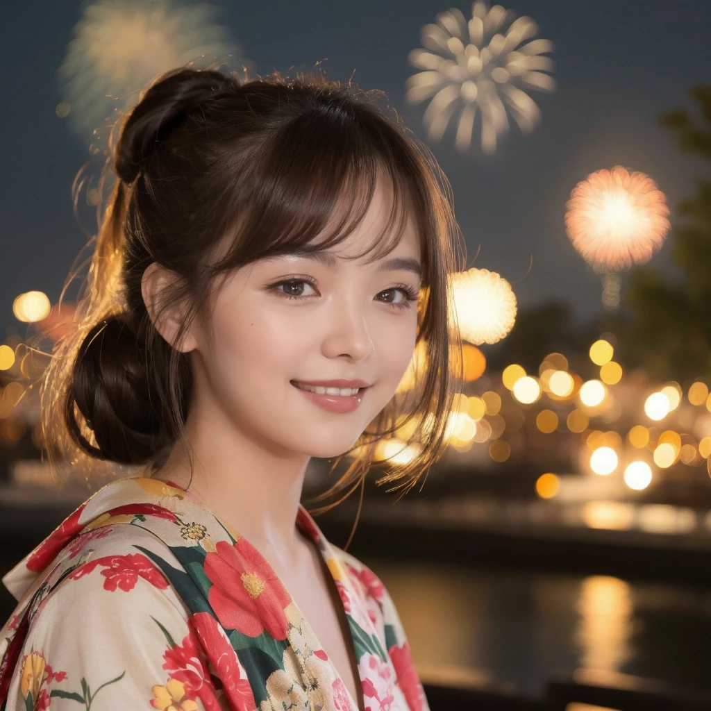 （「solo」Detailed and realistic portrait of a beautiful young Asian woman。She has long light brown hair and big light brown eyes.。）under the night sky、Put your hair up、A beautiful woman dressed elegantly in a vibrant yukata、The fireworks light softly illuminated her face.、Enhances an attractive smile。The background creates a tranquil atmosphere of a summer night.、I can hear the sound of fireworks in the distance。