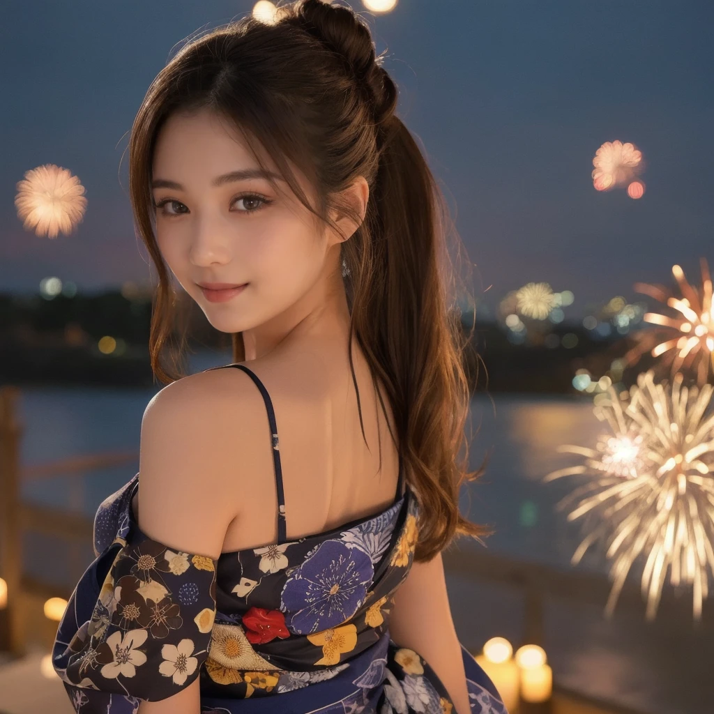 (On the veranda of a traditional Japanese house), masterpiece, light makeup, red lips, beautiful hair, (Medium hair:1.3), elegant, Very fine details, masterworks, authentic texture, cinematic lighting realism, perfect work, 16k, high resolution, exquisite features, brown eyes, (Ultra-high resolution eye:1.1), Japanese idol, beautiful face, (gentle smile like a goddess), attractive, well-shaped breasts, beautiful cleavage, shiny skin, ((Navy camisole dress decorated with fine lace:1.3)), break, bright big eyes, smooth skin, earrings, necklace, standing position, (ground level shot:1.2), (sitting on the veranda corridor), ((A beautiful girl watching multiple fireworks twinkling in the night sky from the veranda)), ((A collaboration of large fireworks and smaller fireworks that light up the surrounding area)),(((A back view of someone watching fireworks. The eyes are not on the camera but on the fireworks outside.))),((A large firework is displayed in the center of the screen, and the back of a beautiful woman is looking up at the fireworks.)), ((low angle shot:1.4)),((Pay attention to the fireworks, don't look back))