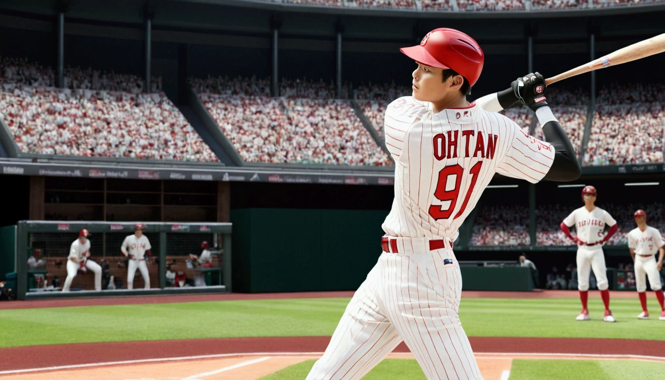score 9, 1boy, Shohei Ohtani is hitting home runs, batting stance, detailed, realistic, hyper realistic, photorealistic, best quality, 