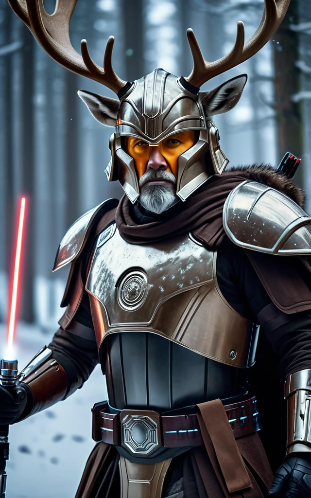 cinematic star wars, reindeer humanoid jedi knight, extremely detailed face and features, , intricate armor, glowing lightsaber, dramatic lighting, epic fantasy, muted color palette, cinematic composition, hyper realistic, 8k, high quality, masterpiece