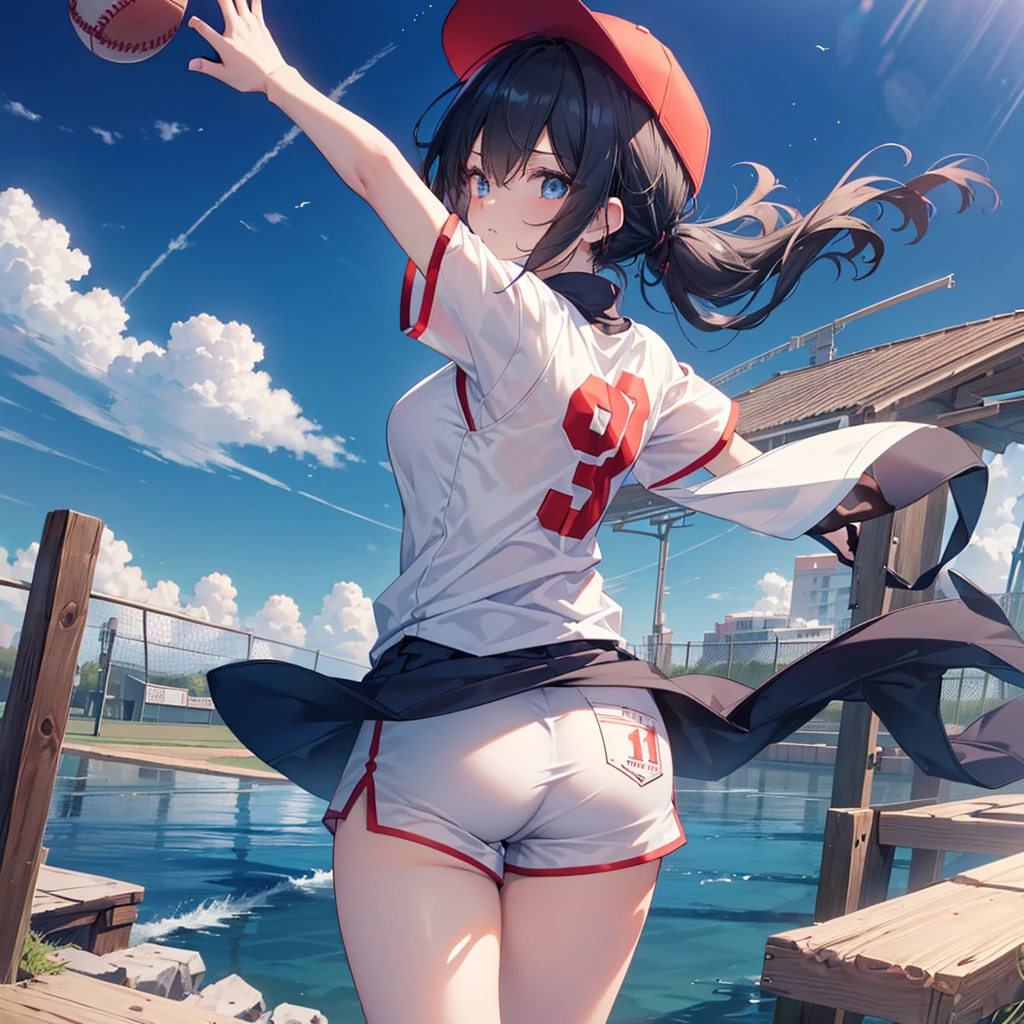 Highest quality、High resolution、Detailed Background、Beautiful Face、High detail、(Perfect Anatomy, Perfect Style)、(Detailed facial expressions)、(fine grain:1.2)、Teenage Beauty、(aerial view:1.2, wide shoot:1.3, whole body:1.3), One Girl、Cute black hair、Deep blue eyes、Braided Ponytail, Braided bob cut, Daytime game at the baseball field, Only one hand is wearing a baseball glove、Amazing jump height:1.3, Floating in the air in a stretching position:1.3, Raise gloved hands high above head、Stretch to the limit、Baseball ball in glove:1.3, ((shoot from behind:1.3, avert your eyes:1.3)), (Baseball cap、T-Shirts、Shorts, socks、spike)、(Large Breasts:1.2, Pointed Chest:1.2, High chest:1.2), ((run away from viewer:1.2)), Running after a flying ball、